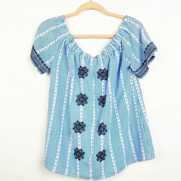 THML Blue Embroidered Top Off The Shoulder Size Large - Picture 3 of 7